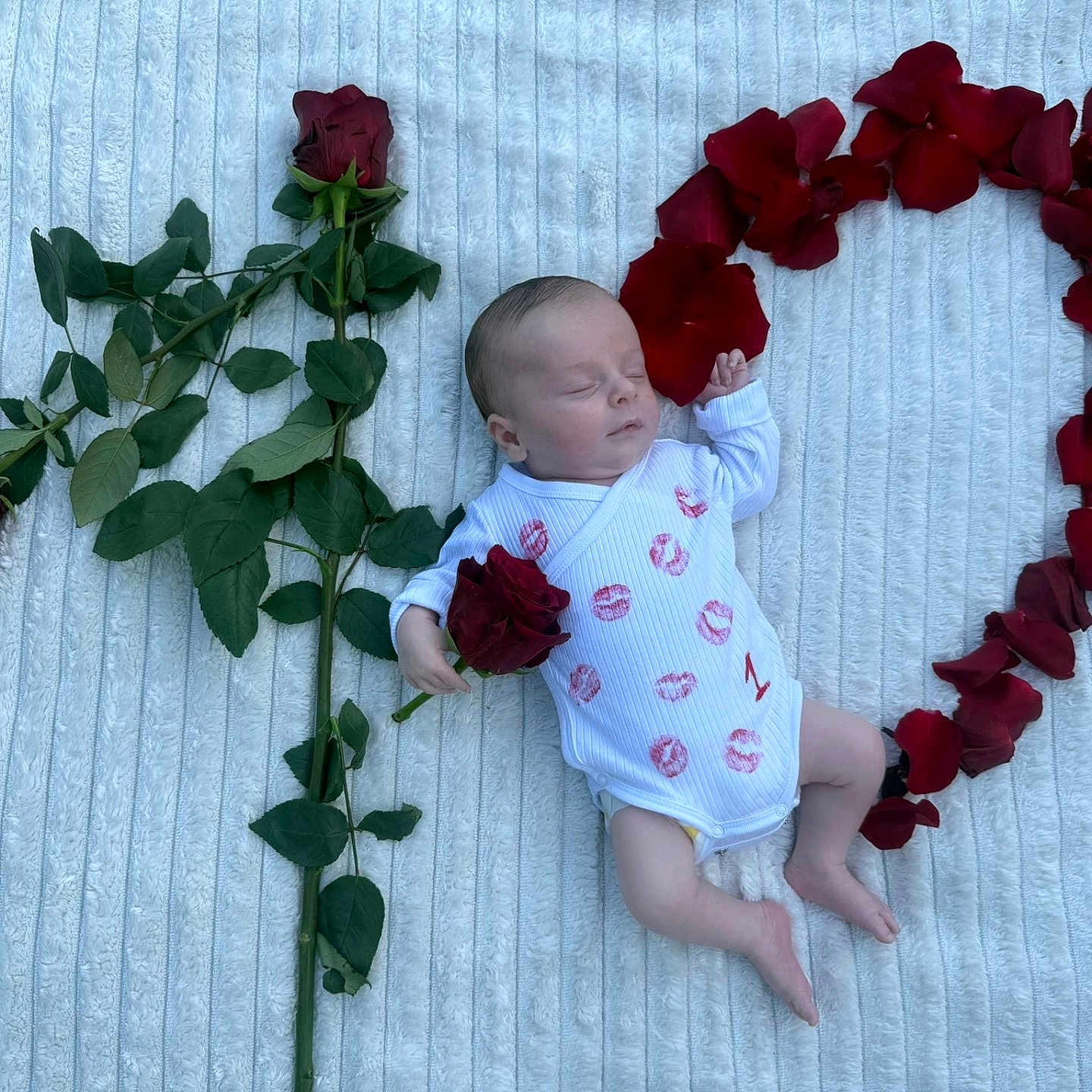 Alvarro participe au concours pour gagner de l'argent avec cette photo : baby, celebration, cute, flower, flower_arrangement, heart_shape, infant, kiss_marks, laying_down, love, newborn, onesie, peaceful, petals, portrait, rose, rose_petals, skin, sleeping, white_blanket