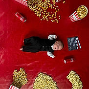 Alvarro participe au concours pour gagner de l'argent avec cette photo : baby, black_clothing, celebration, clapperboard, coca_cola, cute, food_spill, fun, infant, lying_down, movie_theme, popcorn, popcorn_box, question_mark_shape, red_background, small_cans, soft_toy, still_life, studio_shot, white_shirt