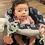 Kiara is registered to the contest to win money with this photo: baby, baby_seat, child, comfortable, curly_hair, cute, floor, home_interior, indoor, infant, patterned_fabric, person, pink_socks, plastic_ring, playtime, sitting, smiling, toy, wooden_floor, young_child
