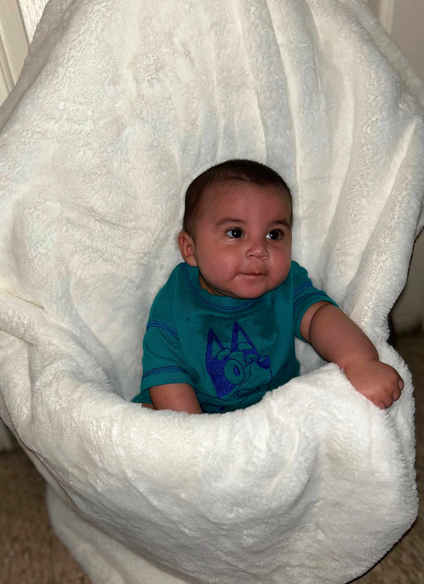 Amir joined the competition — help win amazing prizes! baby, child, infant, blanket, blue_shirt, cute, face, person, indoor, seated, plush, soft, cozy, portrait, sitting, young, small, curious, comfortable, wrapped