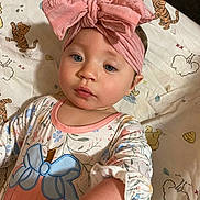 Liliana Rose joined the competition — help win amazing prizes! baby, child, headband, pink_bow, dress, floral_pattern, blue_bow, face, eyes, infant, cute, lying, blanket, tiger_print, bear_print, bed, soft_lighting, portrait, skin, young