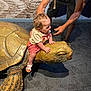 Liliana Rose is registered to the contest to win money with this photo: adult, carpet, child, clothing, curly_hair, floor, footwear, hand, indoor, person, play, pose, red_checkered_skirt, sand, sandal, statue, toddler, turtle, wall_mural, white_shirt