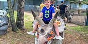 Memphis joined the competition — help win amazing prizes! animals, blue_shirt, boy, child, daytime, dinosaur, fence, fun, grass, nature, outdoor, park, people, playground, recreation, statue, summer, trees, triceratops, white_shoes