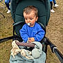 toddler, stroller, pacifier, blue_sweater, blanket, plush_toy, outdoor, grass, child, person, baby, casual_clothing, wheel, seated, curious, daylight, family, people, hand, jacket