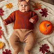 Taylor is registered to the contest to win money with this photo: baby, infant, knitted_clothing, headband, autumn_leaves, pumpkin, blanket, floor, fall, seasonal, orange, brown, cute, child, portrait, indoors, laying_down, warm_clothing, decor, holiday
