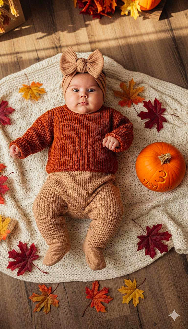 Taylor is registered to the contest to win money with this photo: baby, infant, knitted_clothing, headband, autumn_leaves, pumpkin, blanket, floor, fall, seasonal, orange, brown, cute, child, portrait, indoors, laying_down, warm_clothing, decor, holiday
