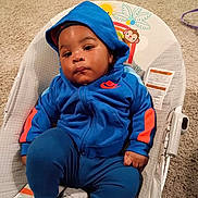 Ocean joined the competition — help win amazing prizes! baby, child, infant, portrait, sitting, bouncer, tracksuit, blue_clothing, hood, socks, face, looking_at_camera, serious_expression, indoor, carpet, baby_chair, monkey_design, nike_logo, close_up, casual