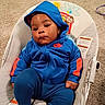 baby, child, infant, portrait, sitting, bouncer, tracksuit, blue_clothing, hood, socks, face, looking_at_camera, serious_expression, indoor, carpet, baby_chair, monkey_design, nike_logo, close_up, casual