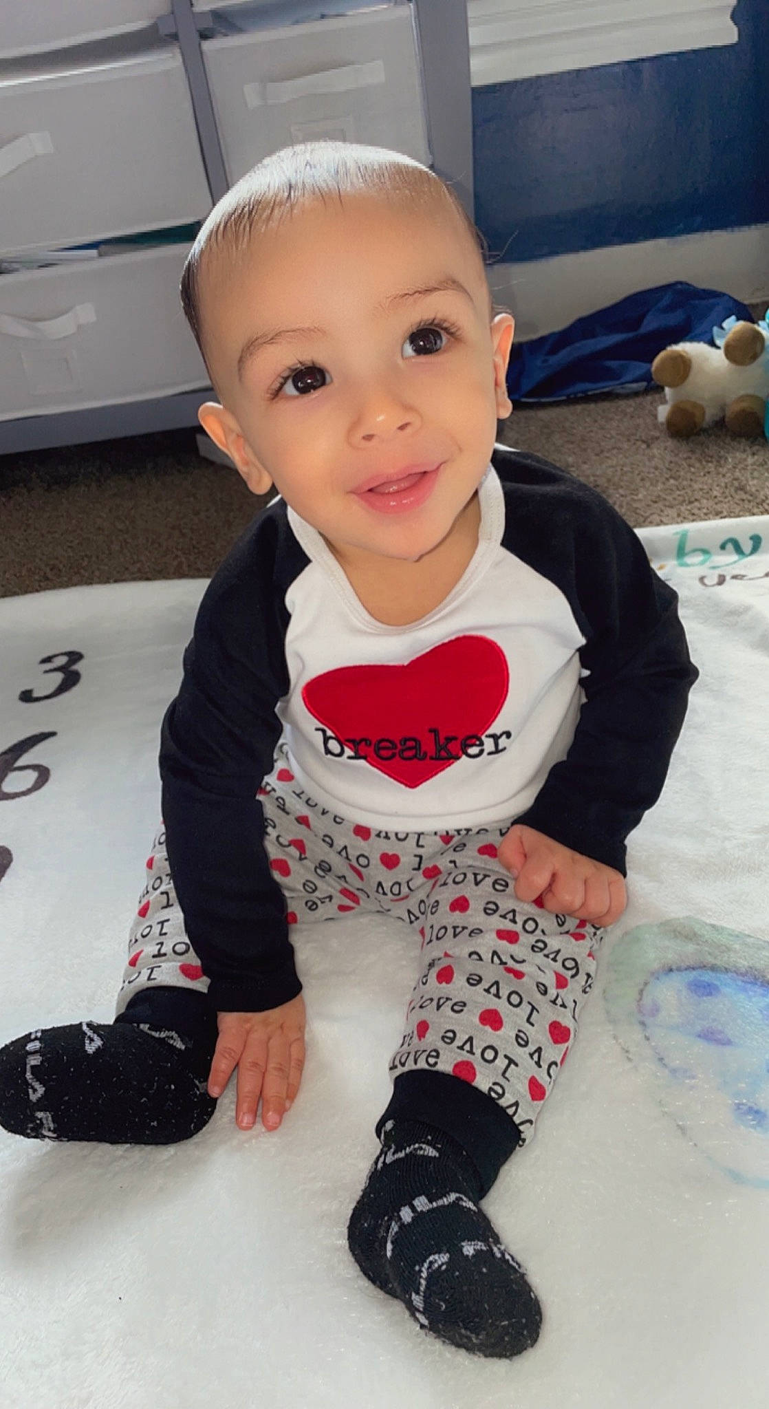 Carmelo joined the competition — help win amazing prizes! baby, baby_toddler_clothing, blue, cheek, child, face, facial_expression, flooring, fun, hairstyle, happy, joy, pattern, people, person, pink, skin, sleeve, smile, t_shirt