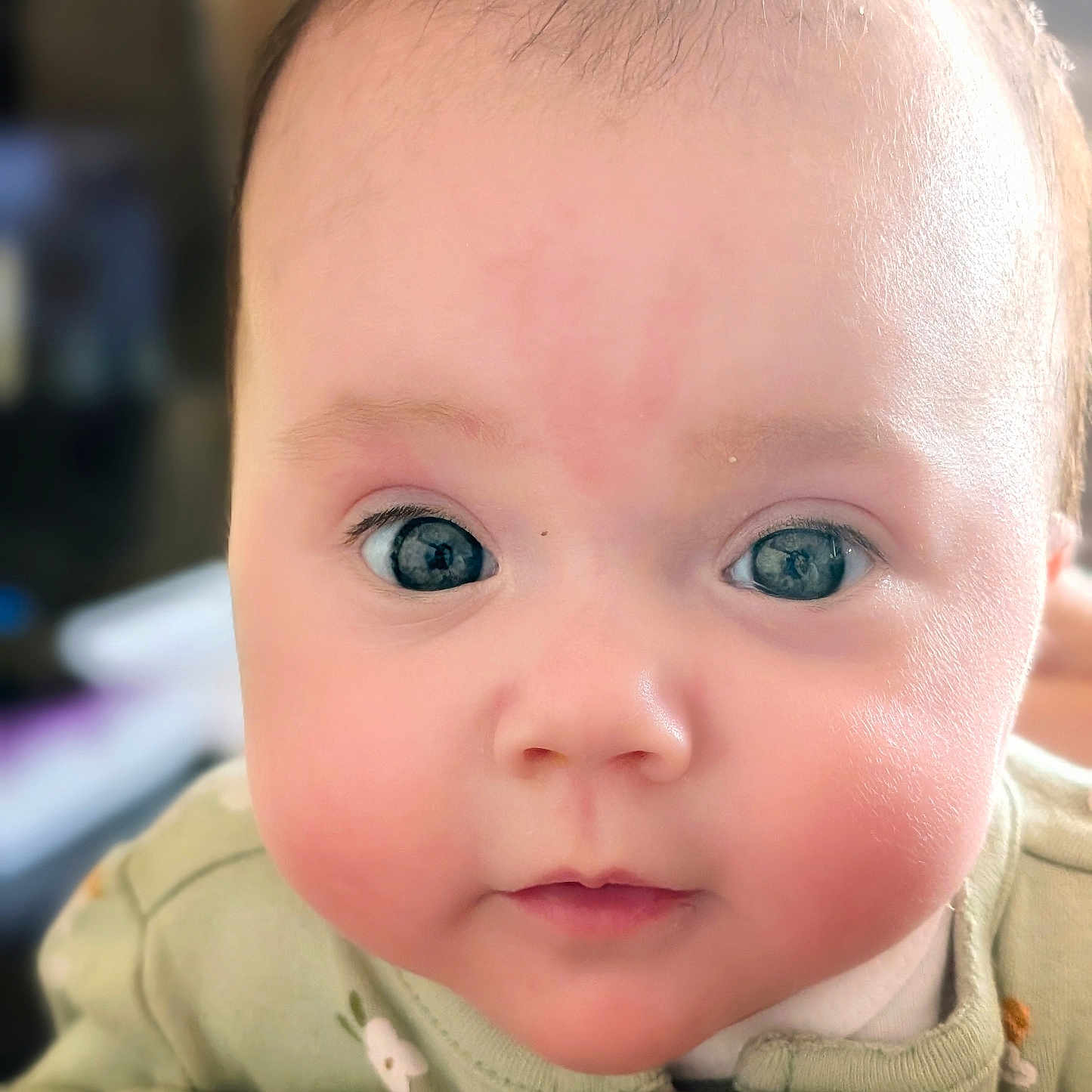 Liona joined the competition — help win amazing prizes! baby, child, face, closeup, infant, curious, chubby_cheeks, green_clothing, soft_light, indoors, portrait, cute, young, person, skin, eyes, expression, newborn, buttoned_outfit, hand