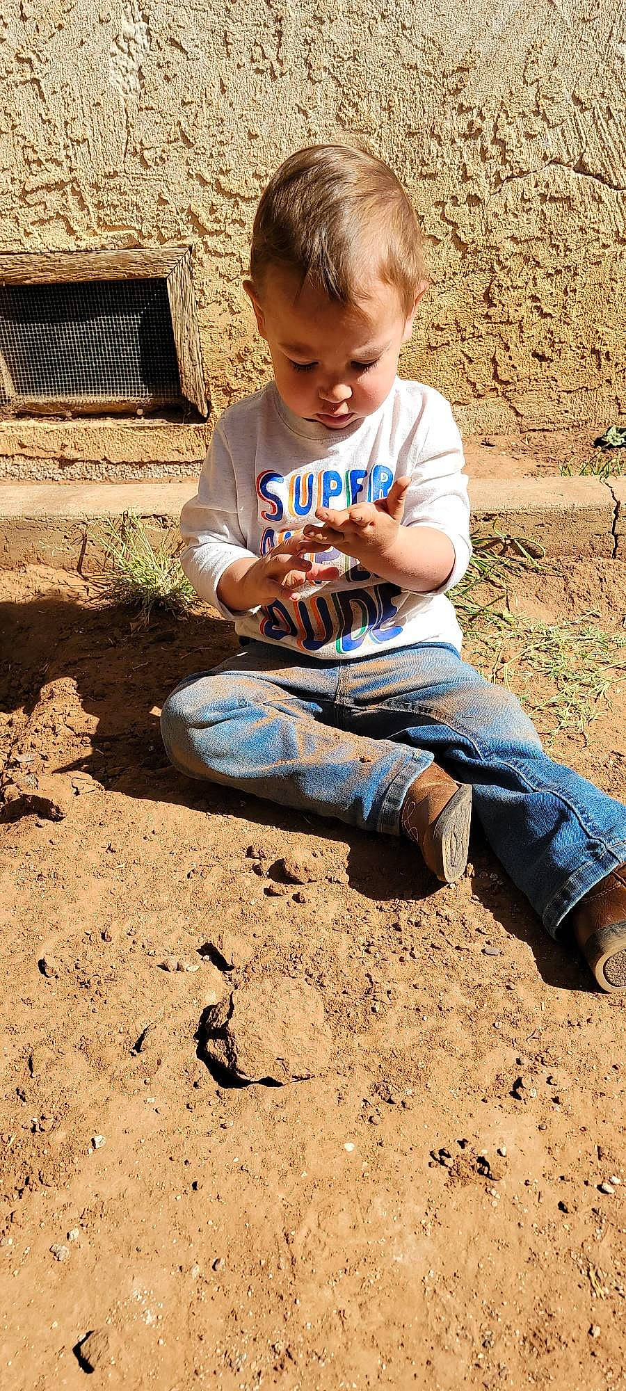 Levi is registered to the contest to win money with this photo: child, denim, electric_blue, face, fun, grass, hair, happy, jeans, leaf, people_in_nature, person, plant, shoe, sitting, smile, sneakers, soil, t_shirt, toddler