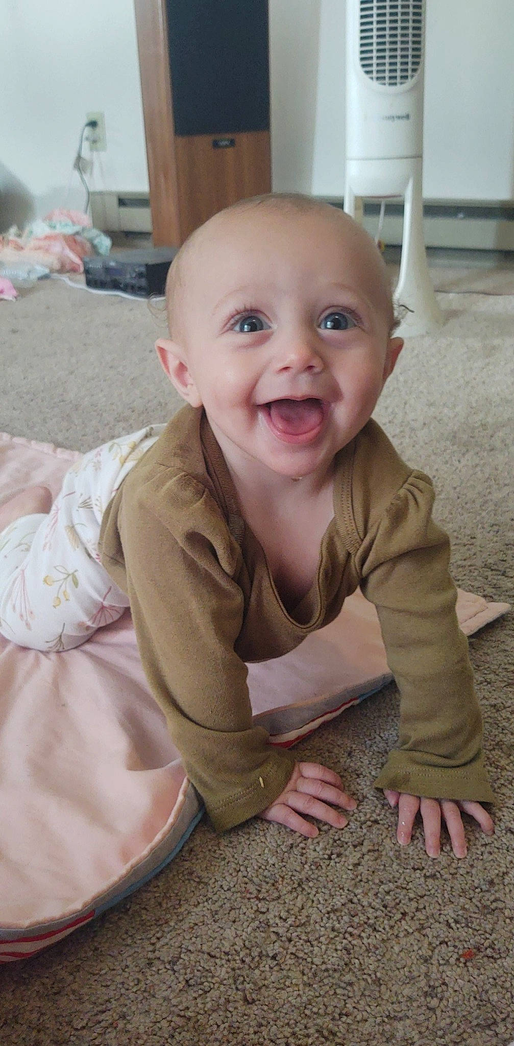 Maria joined the competition — help win amazing prizes! baby, baby_toddler_clothing, cheek, child, chin, crawling, floor, flooring, fun, grass, happy, iris, mammal, mouth, person, pink, skin, sleeve, smile, toddler