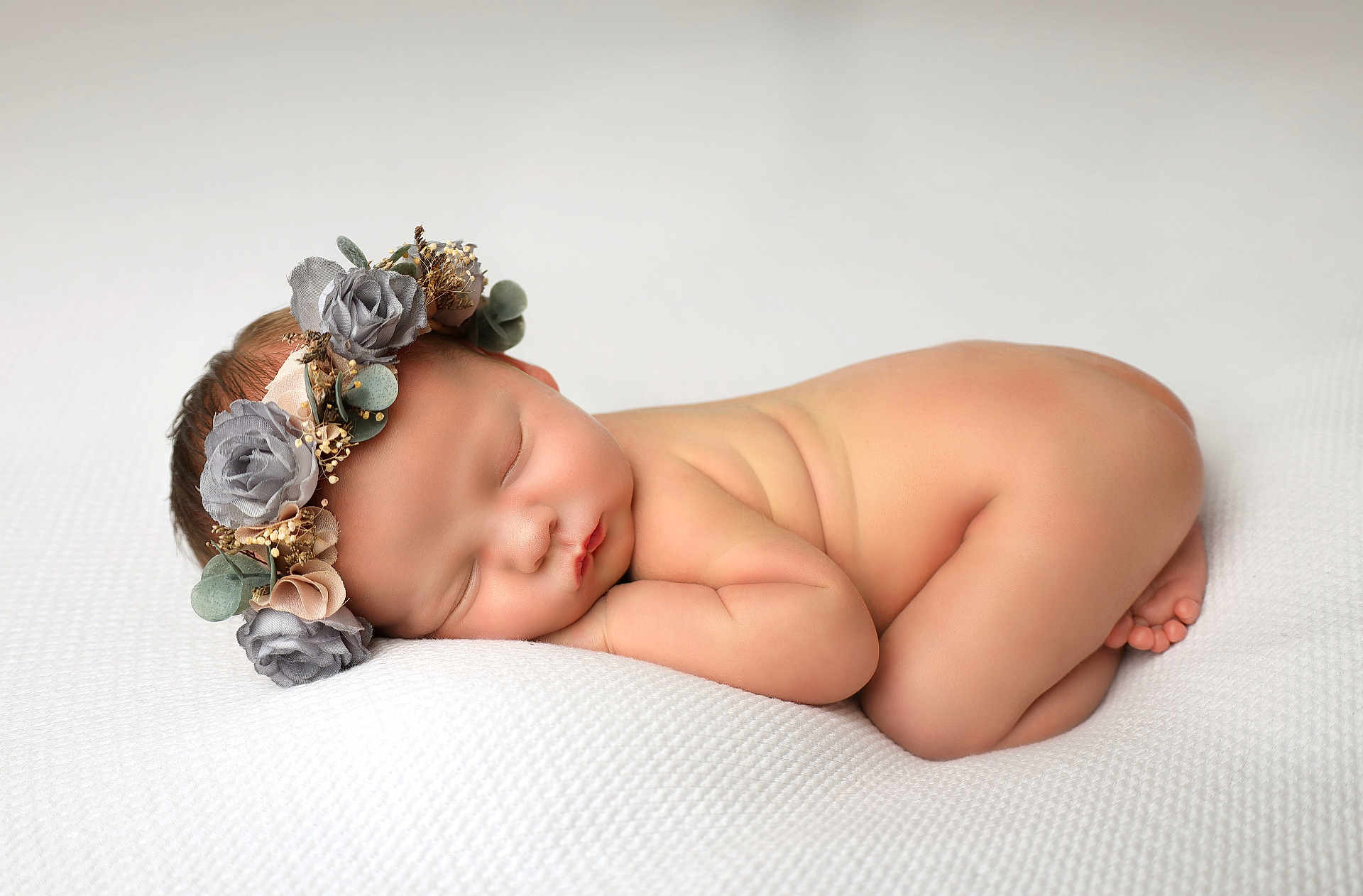 Maya is registered to the contest to win money with this photo: newborn, baby, sleeping, flower_crown, skin, infant, soft, blanket, peaceful, cute, portrait, resting, child, head, closeup, natural_light, sleep, baby_skin, toddler, naked