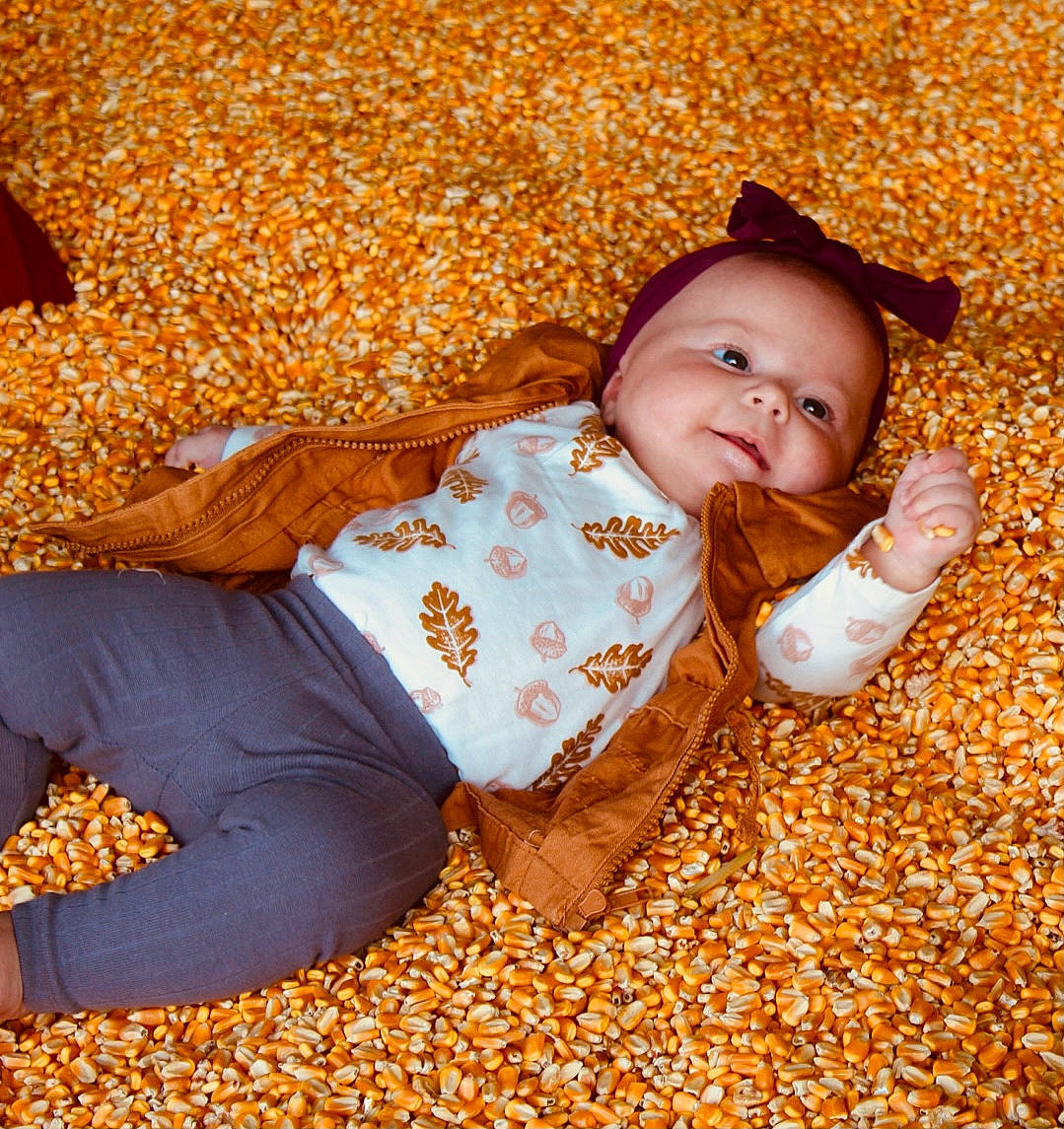Wynonna is registered to the contest to win money with this photo: baby, baby_toddler_clothing, brown, cheek, child, comfort, face, flooring, grass, happy, leaf, mammal, orange, pattern, people_in_nature, person, sitting, sleeve, textile, toddler