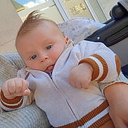 Julian a rejoint le concours — aidez-le/la à gagner de superbes lots ! baby, child, infant, face, blue_eyes, sweater, zipper, hand, tongue, knitwear, blanket, stroller, person, indoor, window, reflection, skin, cute, mohawk, cozy