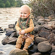 Robert joined the competition — help win amazing prizes! child, toddler, smile, outdoor, river, rocks, water, vest, camouflage, brown_clothing, nature, grass, daylight, playful, portrait, sitting, cute, baby, person, happy