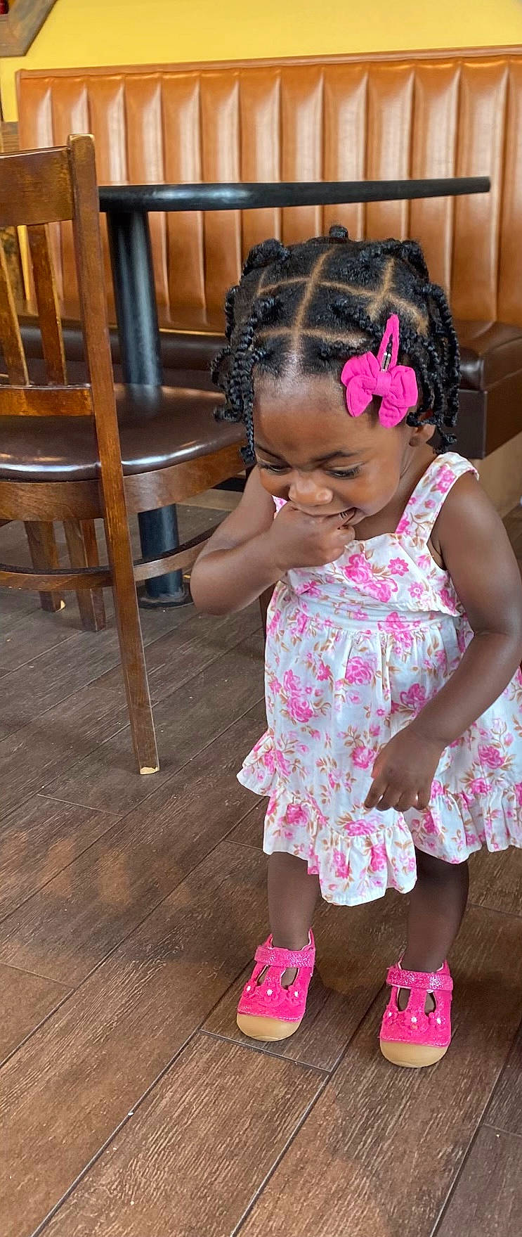 Ayva joined the competition — help win amazing prizes! baby_toddler_clothing, black_hair, child, dress, event, fun, hair, happy, hardwood, head, headband, headgear, headpiece, human_leg, magenta, person, pink, skin, thigh, toddler