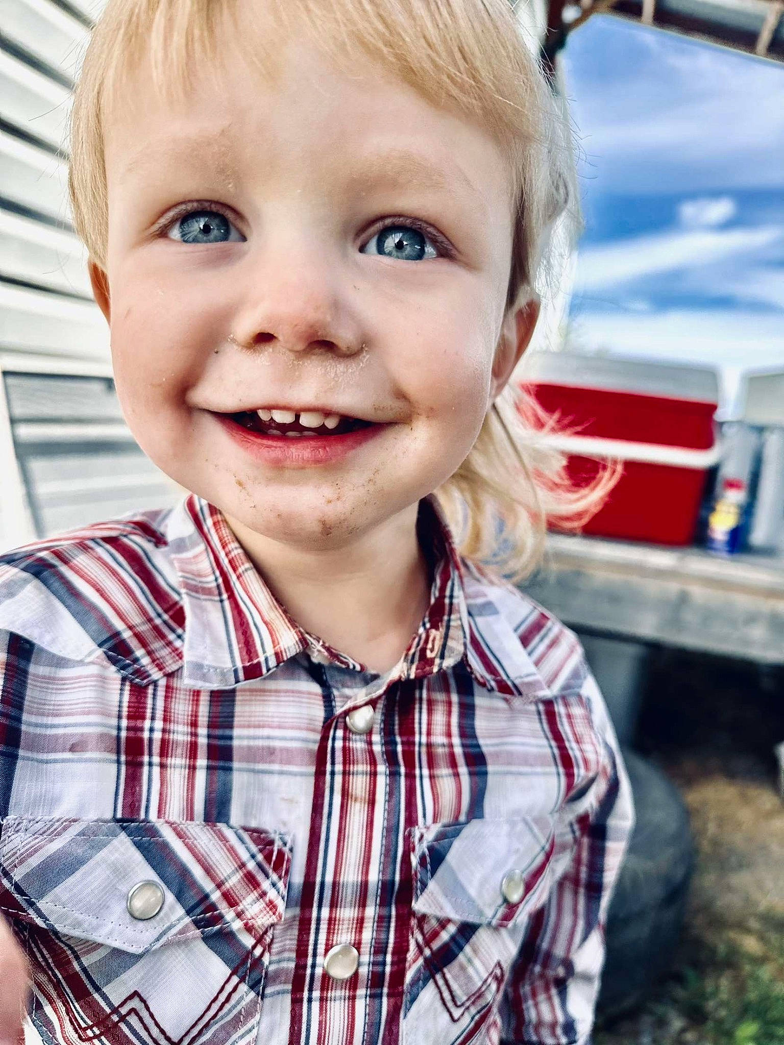 Remington joined the competition — help win amazing prizes! blond, cheek, chin, dress_shirt, eye, fun, happy, head, joy, lip, mouth, nose, pattern, people, person, plaid, plant, skin, smile, tartan