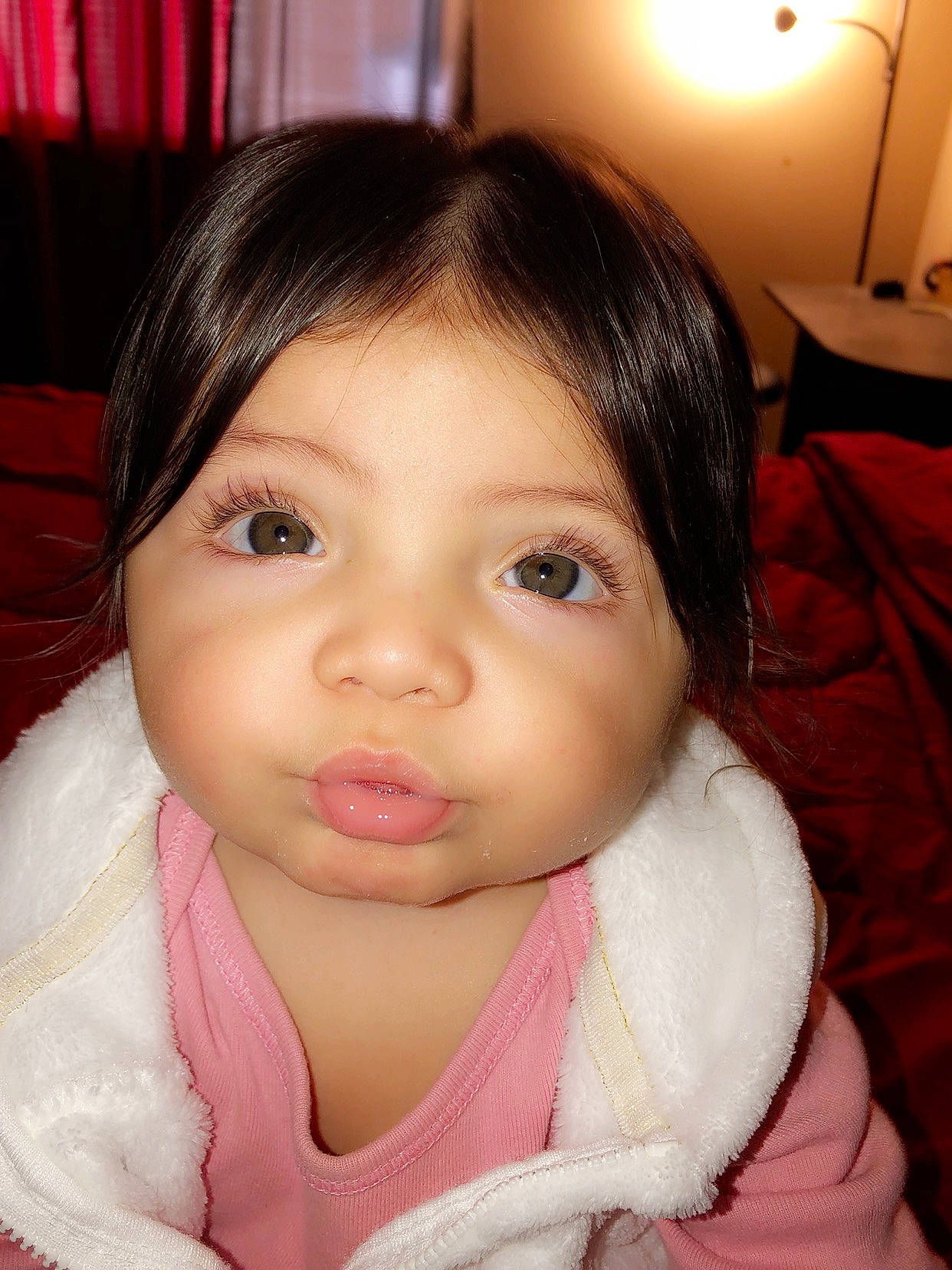 Aubriana is registered to the contest to win money with this photo: beauty, black_hair, cheek, child, chin, eye, eyebrow, face, forehead, girl, head, human_hair_color, infant, lip, mouth, nose, person, pink, skin, smile