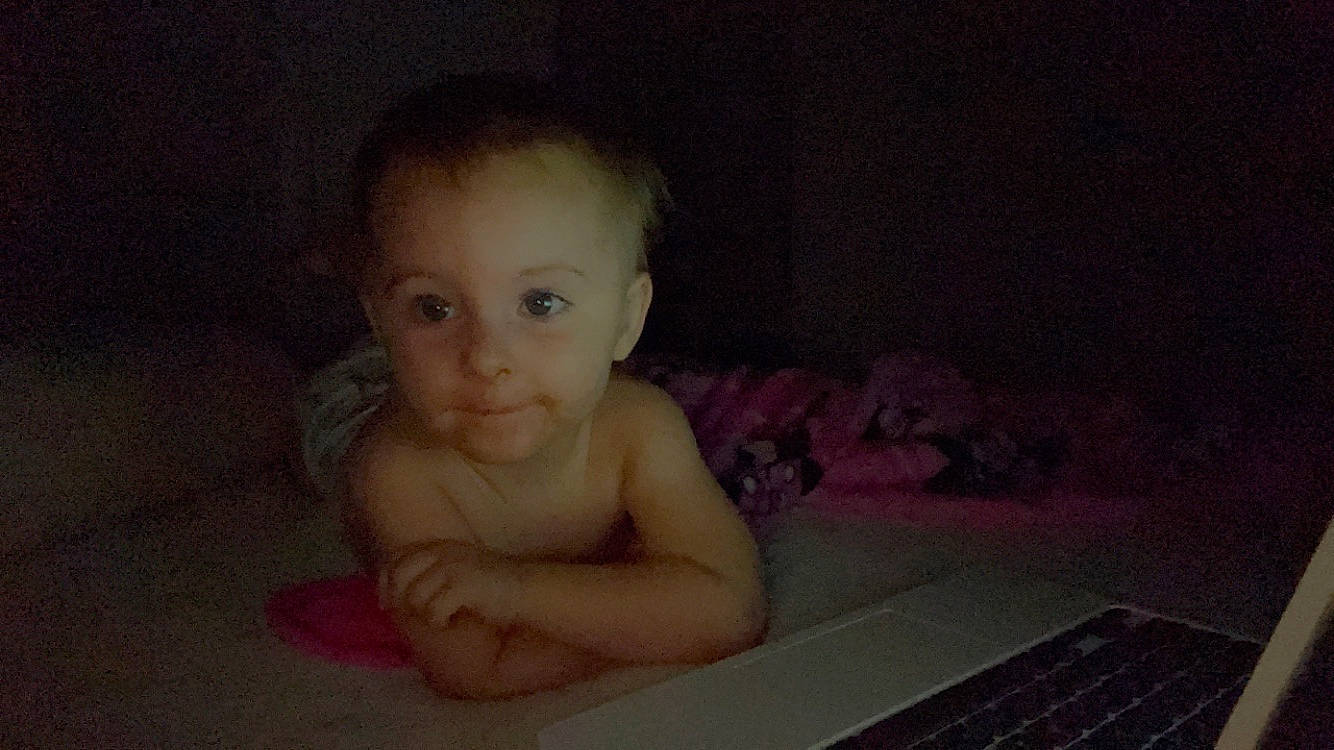 Aerilyn joined the competition — help win amazing prizes! baby, bathing, cheek, chest, child, computer, finger, flash_photography, floor, flooring, hand, human_body, input_device, laptop, netbook, nose, person, smile, space_bar, thumb