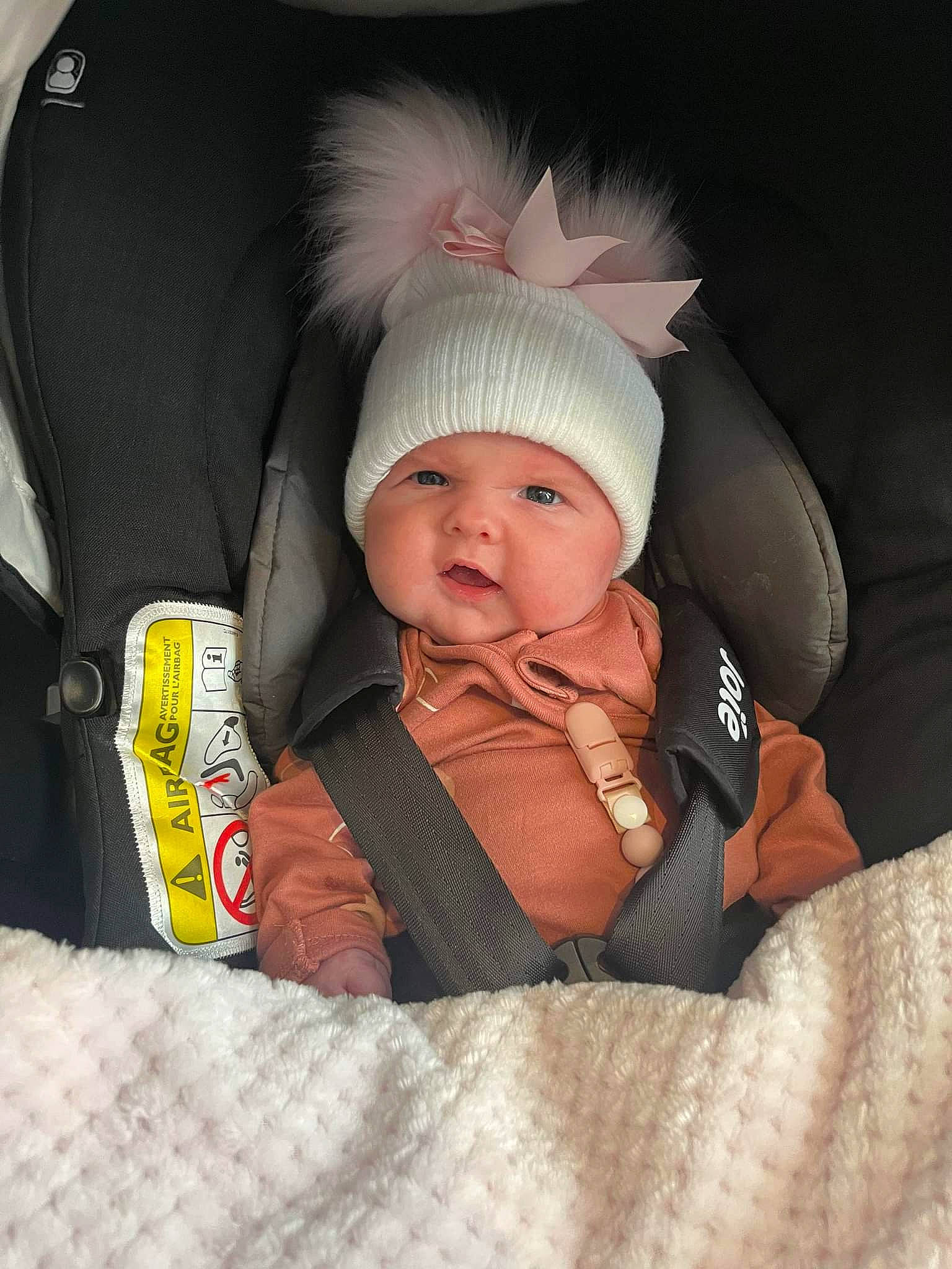 Delilah joined the competition — help win amazing prizes! baby, baby_carriage, baby_in_car_seat, baby_products, baby_sleeping, baby_toddler_clothing, beanie, cap, car_seat, car_seat_cover, child, comfort, fashion_accessory, fun, headwear, knit_cap, linens, person, personal_protective_equipment, seat_belt