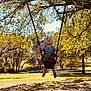 baby, child, clothing, cute, daytime, footwear, fun, grass, happy, leaves, nature, outdoor, park, playground, playing, smiling, sunlight, swing, toddler, trees