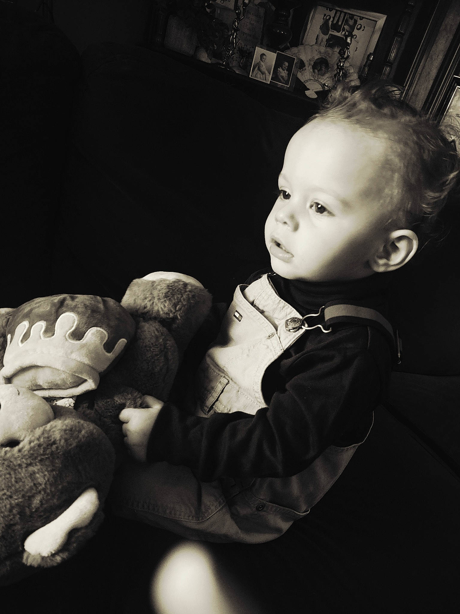 Liam joined the competition — help win amazing prizes! black_and_white, child, cool, darkness, elbow, flash_photography, fun, fur, gesture, happy, monochrome, monochrome_photography, person, sitting, standing, stuffed_toy, style, toddler, toy, vintage_clothing