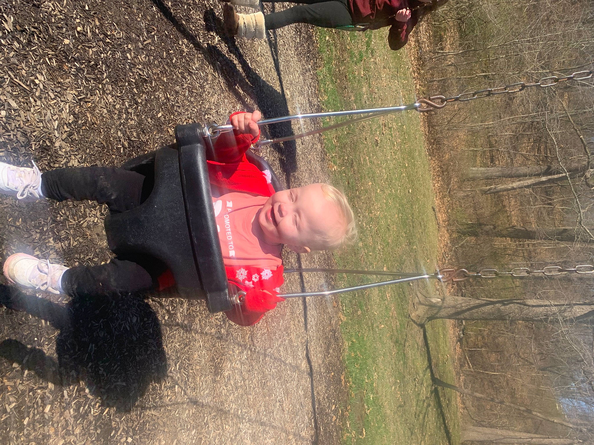 Aubriella joined the competition — help win amazing prizes! adventure, carmine, fun, grass, leisure, outdoor_shoe, people_in_nature, person, plant, recreation, rope, shadow, soil, toddler, tree, trunk, walking_shoe, wood