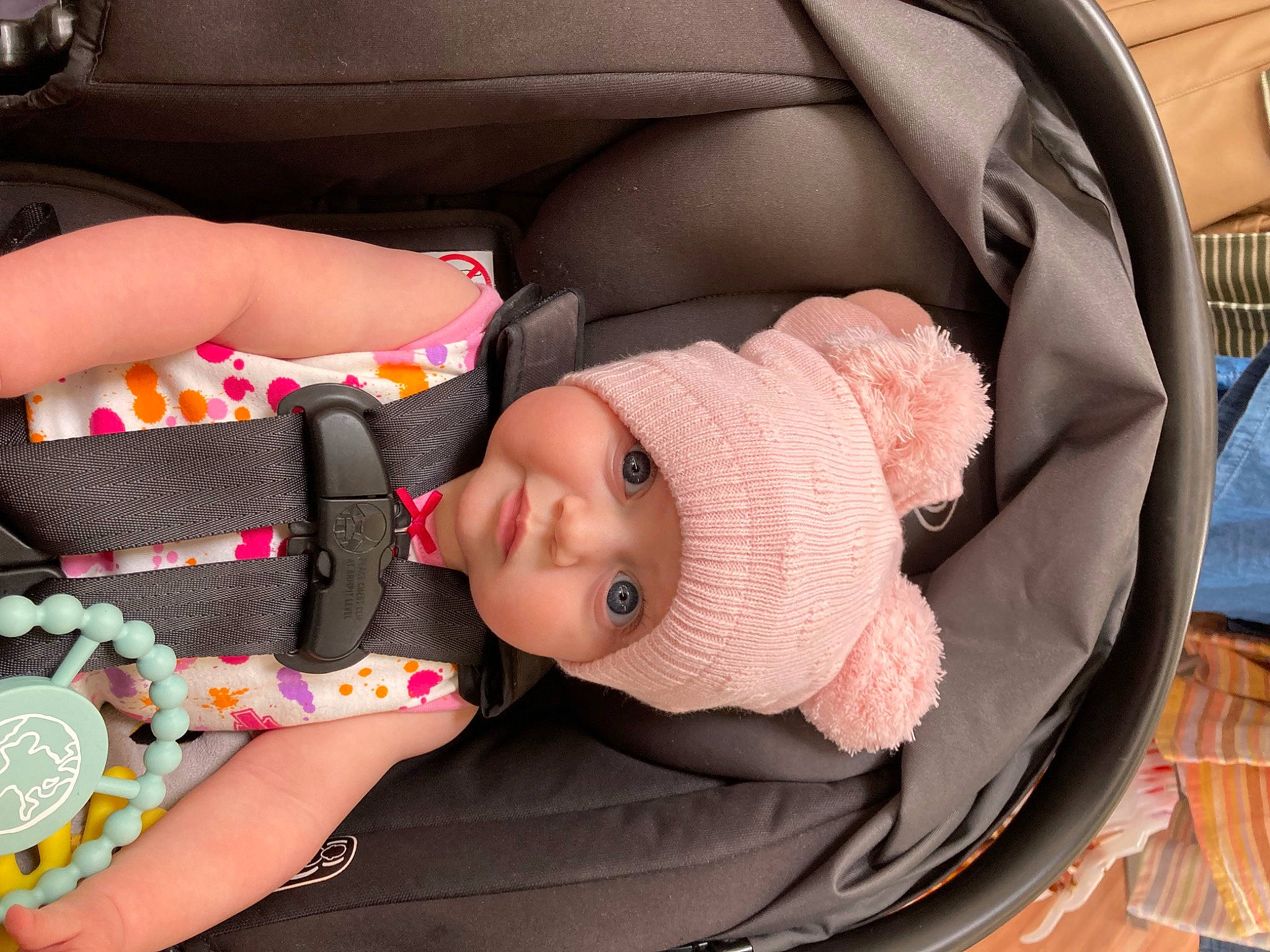 Penny is registered to the contest to win money with this photo: auto_part, baby, baby_carriage, baby_in_car_seat, baby_products, baby_safety, baby_toddler_clothing, car, car_seat, car_seat_cover, child, comfort, family_car, head_restraint, headwear, luxury_vehicle, motor_vehicle, person, seat_belt, sitting