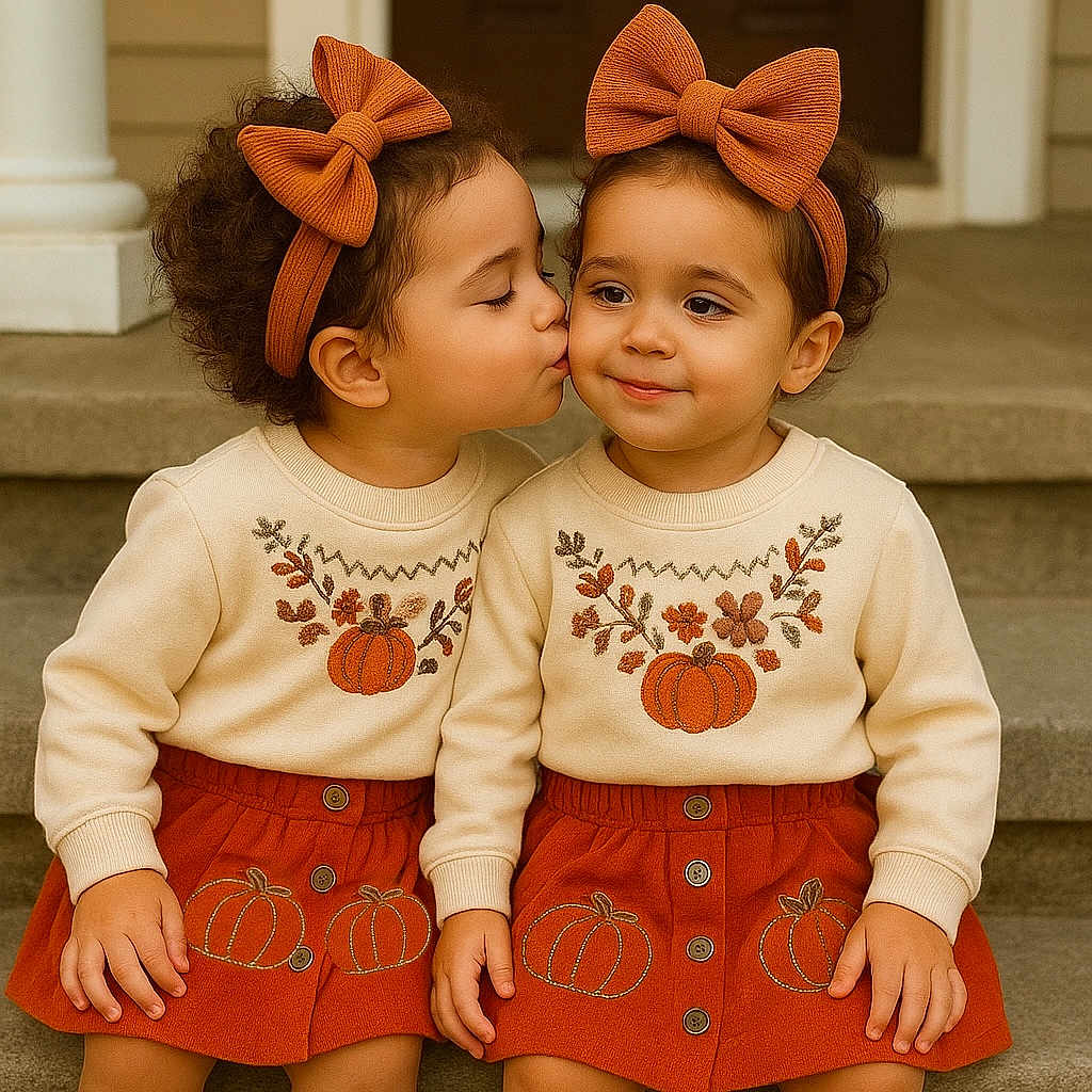 Susu And Lulu joined the competition — help win amazing prizes! affection, autumn, boots, bow, child, curly_hair, cute, family, headband, kiss, love, matching_outfits, outdoor, portrait, pumpkin, siblings, smile, stairs, toddler, twins