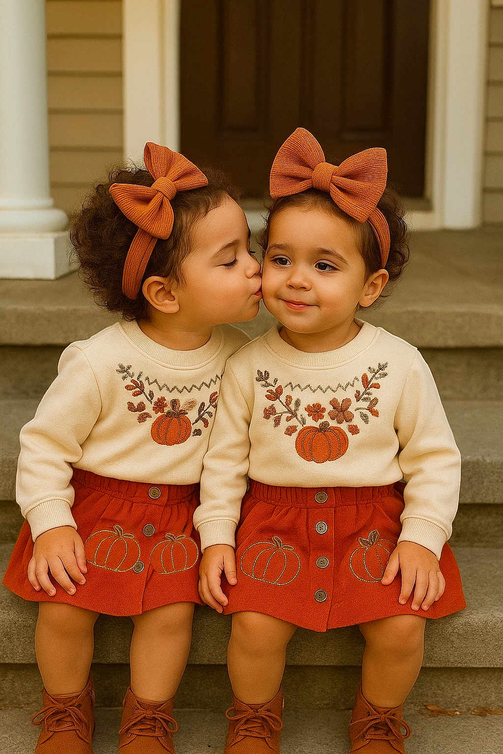Susu And Lulu joined the competition — help win amazing prizes! toddler, child, kiss, siblings, twins, matching_outfits, pumpkin, autumn, headband, bow, curly_hair, boots, stairs, outdoor, cute, love, affection, portrait, smile, family