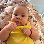 Mattyas joined the competition — help win amazing prizes! baby, blanket, bracelet, child, closeup, comfort, curious, cute, face, floral_pattern, hands, indoor, infant, person, portrait, resting, skin, soft_lighting, wrists, yellow_clothing
