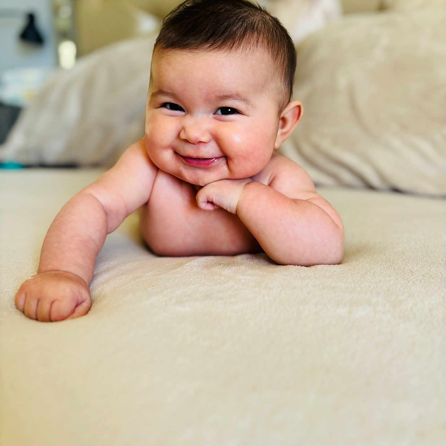 Mia is registered to the contest to win money with this photo: baby, babylaughing, bodypart, couch, face, finger, furniture, hand, happy, head, laughing, newborn, person, photography, portrait, sitting, smile, wrist