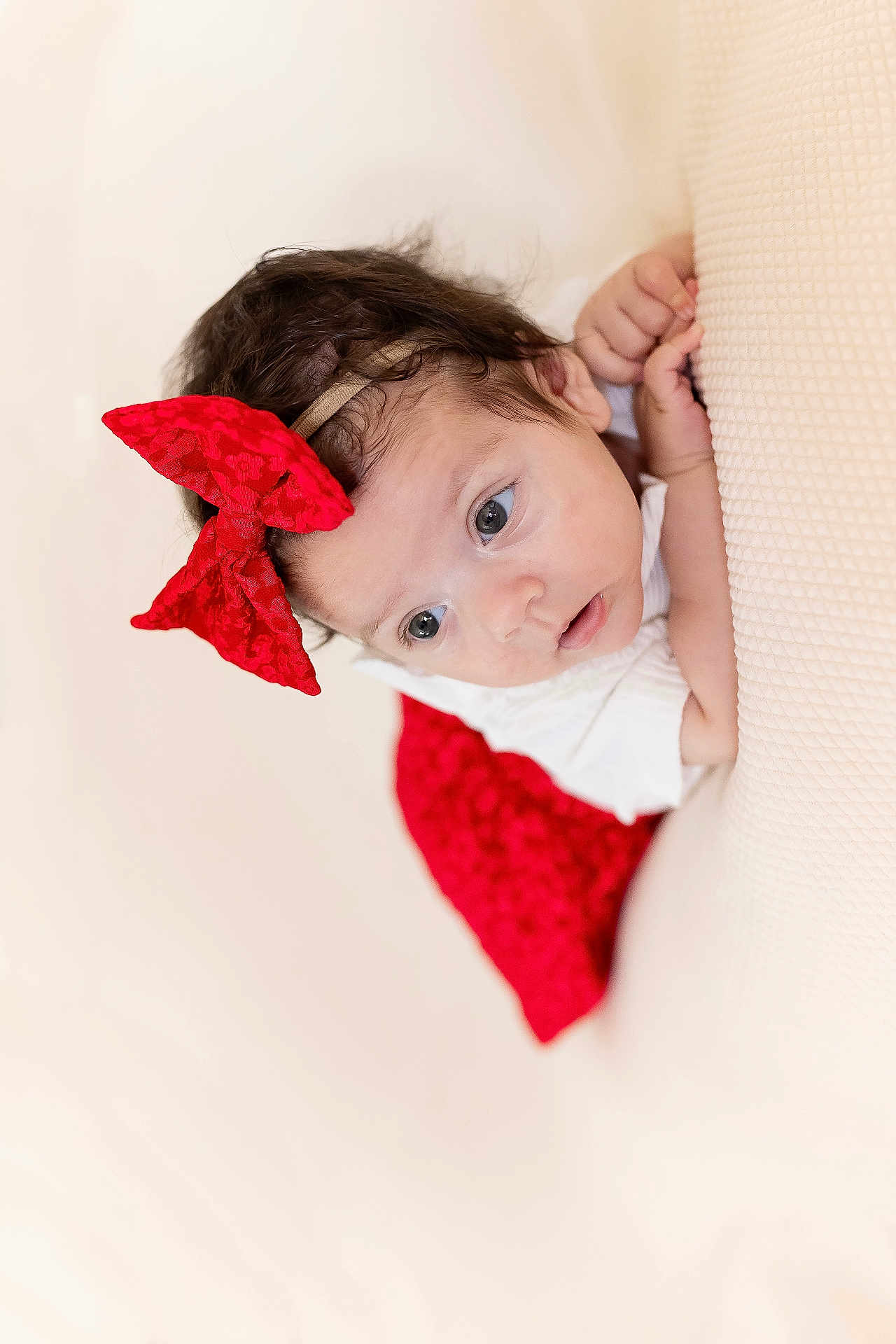 Kataleya participe au concours pour gagner de l'argent avec cette photo : baby, infant, red_bow, white_clothing, red_skirt, face, hands, curly_hair, indoors, soft_lighting, portrait, cute, child, laying_down, expression, skin, headband, closeup, young, person