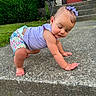 Kenzlee is registered to the contest to win money with this photo: toddler, child, baby, outdoor, concrete, step, grass, purple_bow, shorts, lavender_top, crawling, focused, cute, earrings, summer_clothing, sidewalk, greenery, house, door, hand