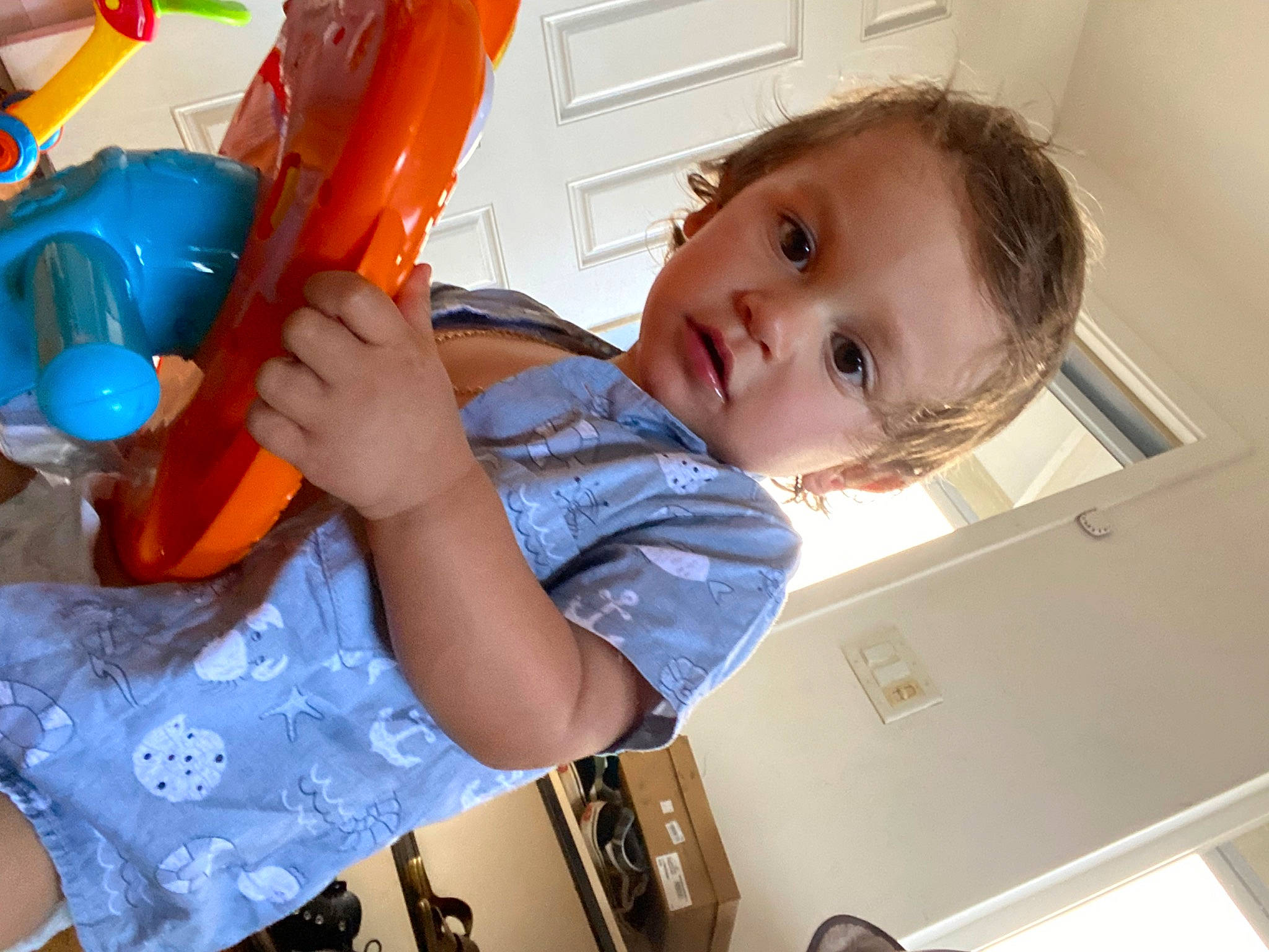 Camden joined the competition — help win amazing prizes! baby, baby_playing_with_toys, baby_products, baby_toddler_clothing, baby_toys, child, electric_blue, finger, fun, happy, nail, party_supply, person, plastic, play, room, sitting, t_shirt, thumb, toddler