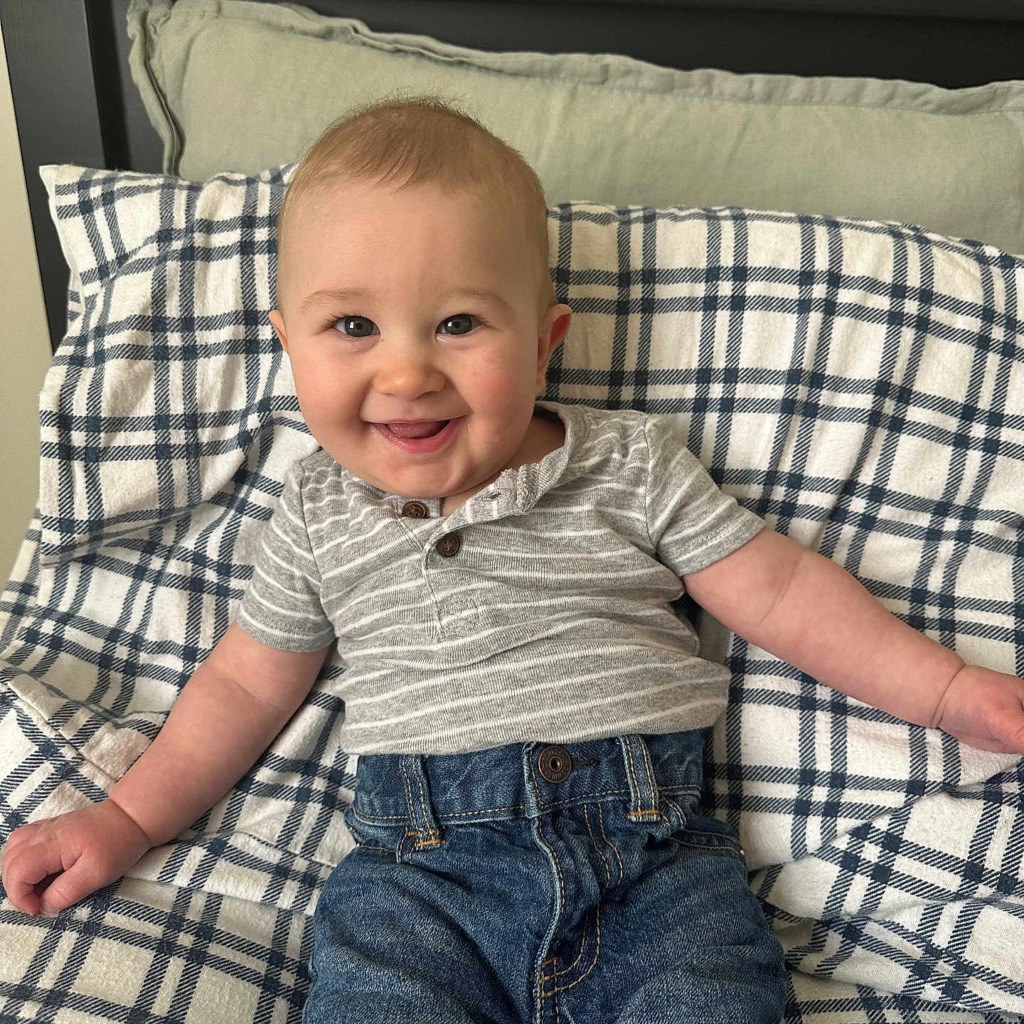 Jaymison joined the competition — help win amazing prizes! baby, bed, bedroom, clothing, couch, cushion, face, furniture, happy, head, homedecor, indoors, jeans, pants, person, photography, portrait, room, sitting, smile