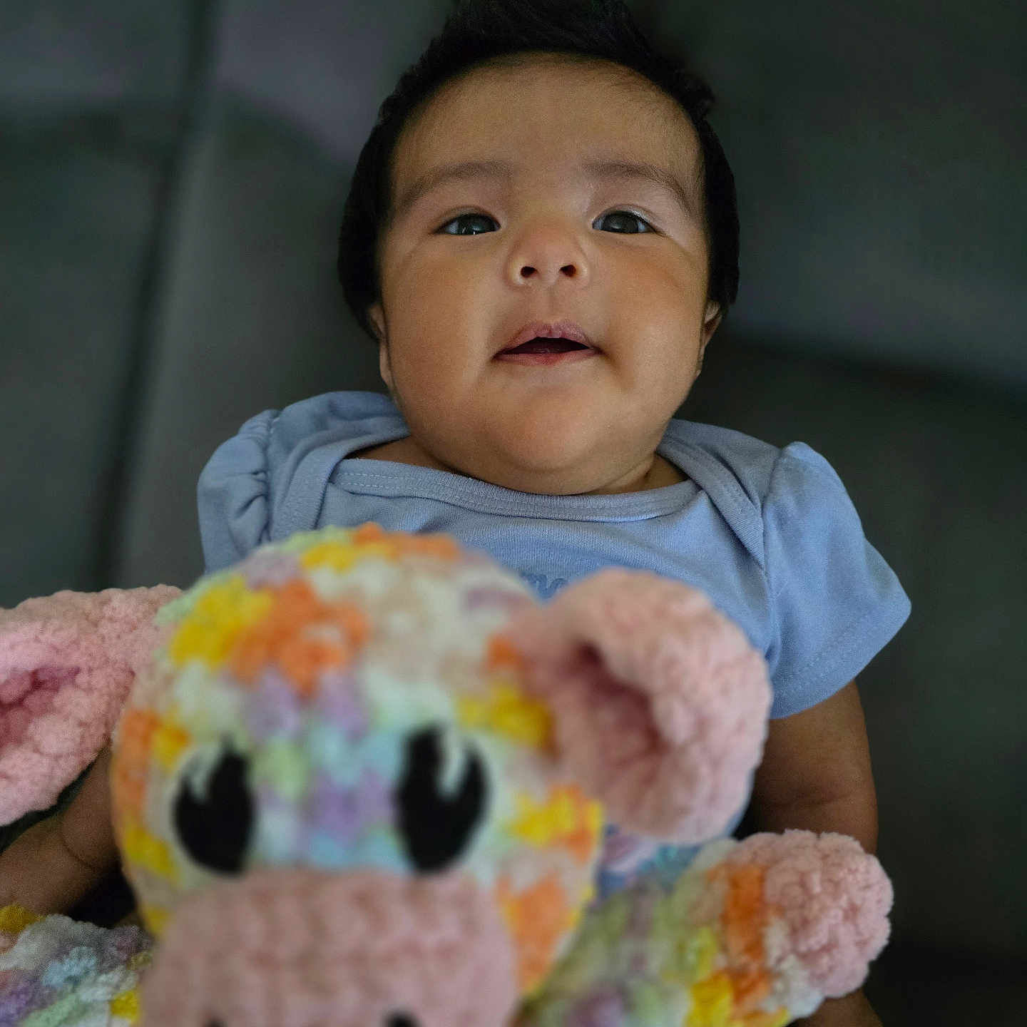 Caleesi'S is registered to the contest to win money with this photo: baby, black_hair, blue_shirt, child, clothing, crocheted_toy, cute, face, happy, indoor, infant, looking_up, pastel_colors, plush, portrait, seated, smiling, soft_texture, stuffed_animal, toy