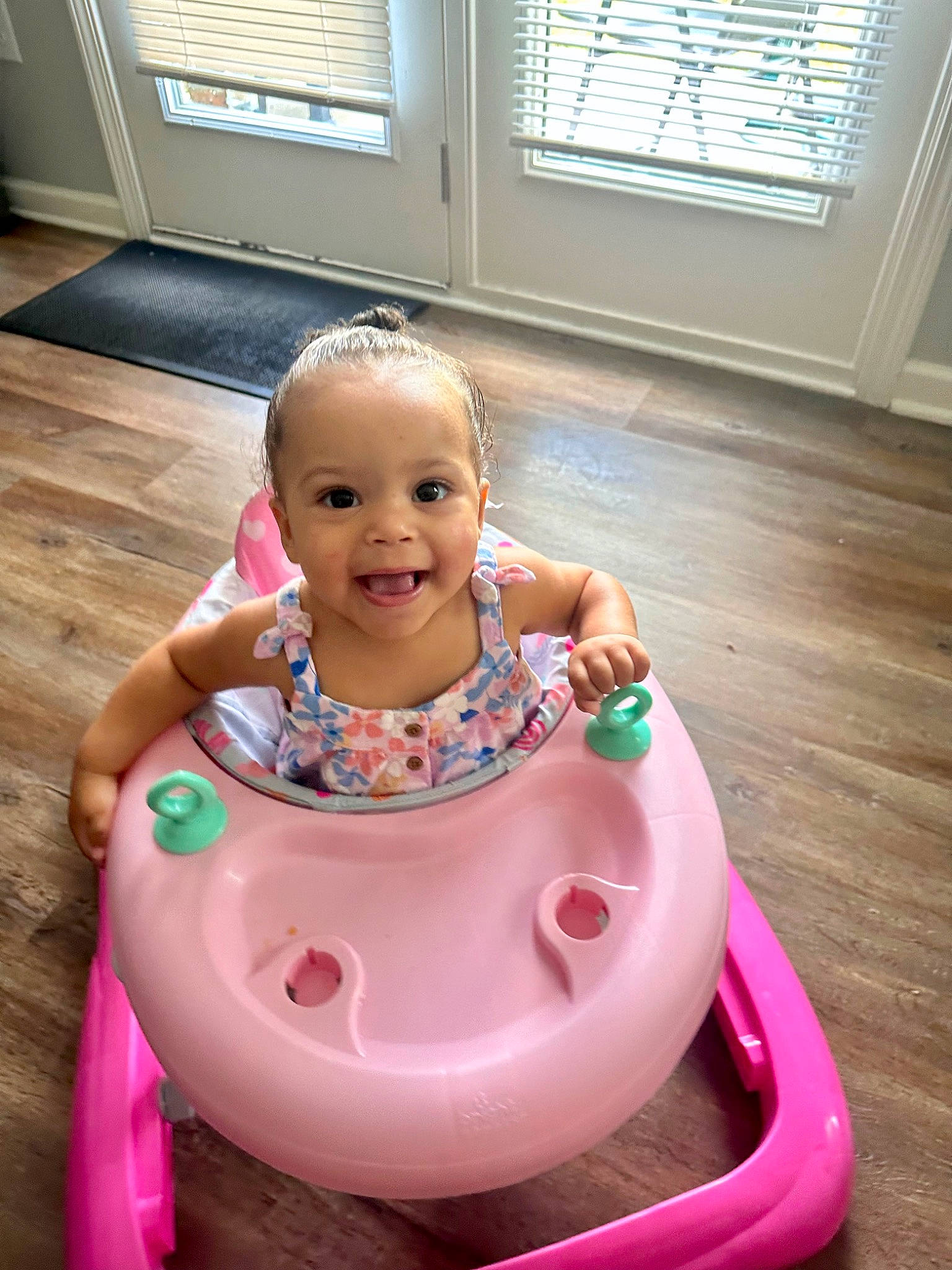 Meadow joined the competition — help win amazing prizes! baby, baby_products, baby_toddler_clothing, bathing, cheek, child, flooring, fun, happy, hardwood, joy, leisure, magenta, person, pink, recreation, sitting, smile, toddler, window