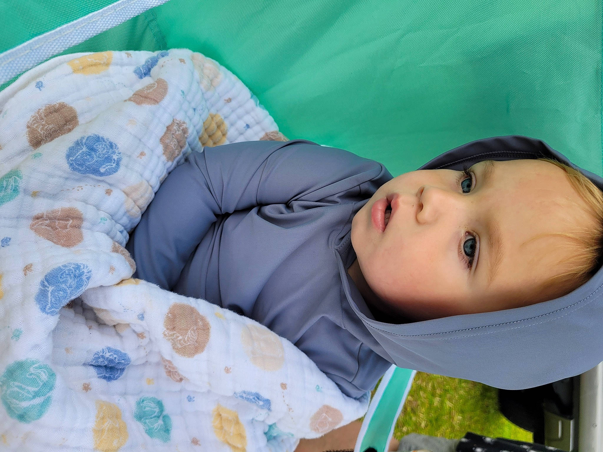 Jameson is registered to the contest to win money with this photo: baby, baby_products, child, comfort, grass, happy, leisure, linens, nap, pattern, person, plant, sitting, toddler, tree