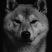 Tao participe au concours pour gagner de l'argent avec cette photo : dog, shiba_inu, portrait, black_and_white, close_up, water_droplets, fur, animal, pet, canine, face, ears, whiskers, dark_background, moody, intense_gaze, wet_fur, muzzle, nature, outdoor