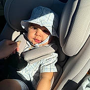 Aaron joined the competition — help win amazing prizes! baby, child, car_seat, hat, bucket_hat, clothing, seatbelt, sunlight, car_interior, child_safety, infant, hand, portrait, cute, smiling, plaid, baby_clothes, seat, travel, car