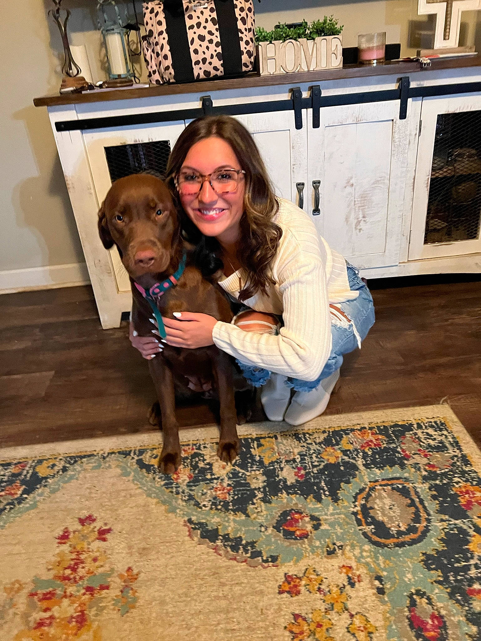 Dixie Mae joined the competition — help win amazing prizes! canidae, carnivore, companion_dog, dog, dog_breed, fawn, floor, flooring, fun, happy, leisure, pattern, room, selfie, smile, sporting_group, sunglasses, visual_arts, wood, working_animal