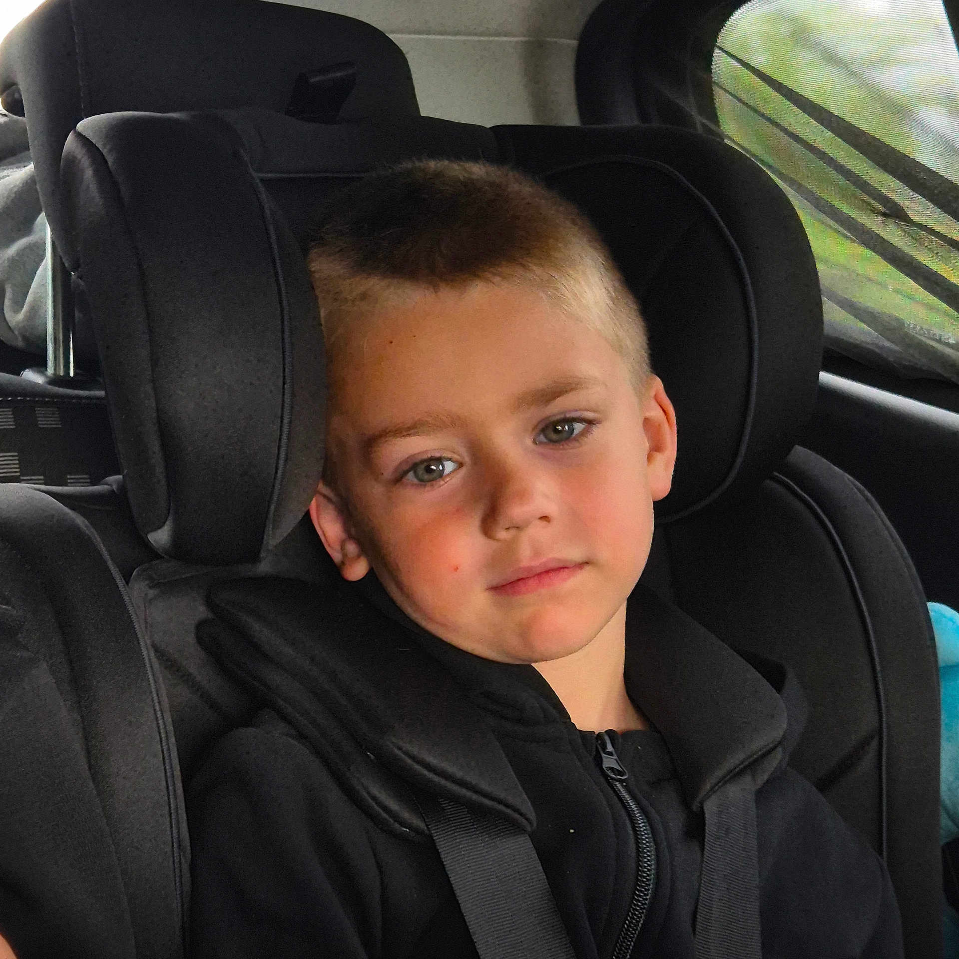 Léo participe au concours pour gagner de l'argent avec cette photo : child, boy, car_seat, seatbelt, black_jacket, car_interior, window, greenery, portrait, young, seat, safety, casual, expression, indoors, child_seat, transportation, young_boy, vehicle, resting