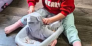 Denise is registered to the contest to win money with this photo: baby_rocker, beanbag, casual_clothing, child, comfortable, curly_hair, floor_seating, girl, home, indoor, light_blue_pants, looking_at_camera, pink_socks, playing, red_sweater, seated, soft_toy, toy, wooden_floor, young_child