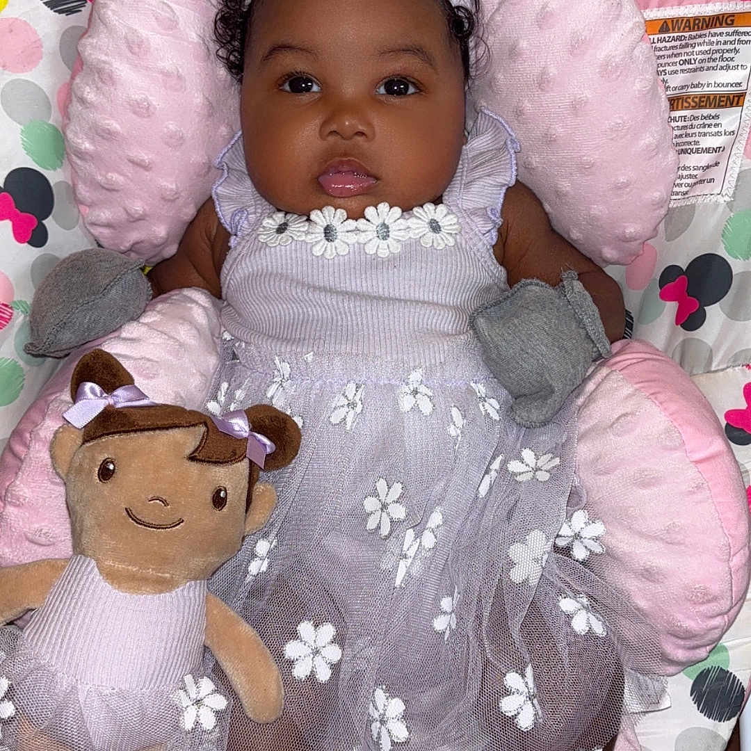 Ifakorewatimi is registered to the contest to win money with this photo: baby, child, portrait, smiling, infant, sitting, pink, dress, bow, headband, doll, toy, flowers, hearts, blanket, cushion, minnie_mouse, socks, indoors, photography