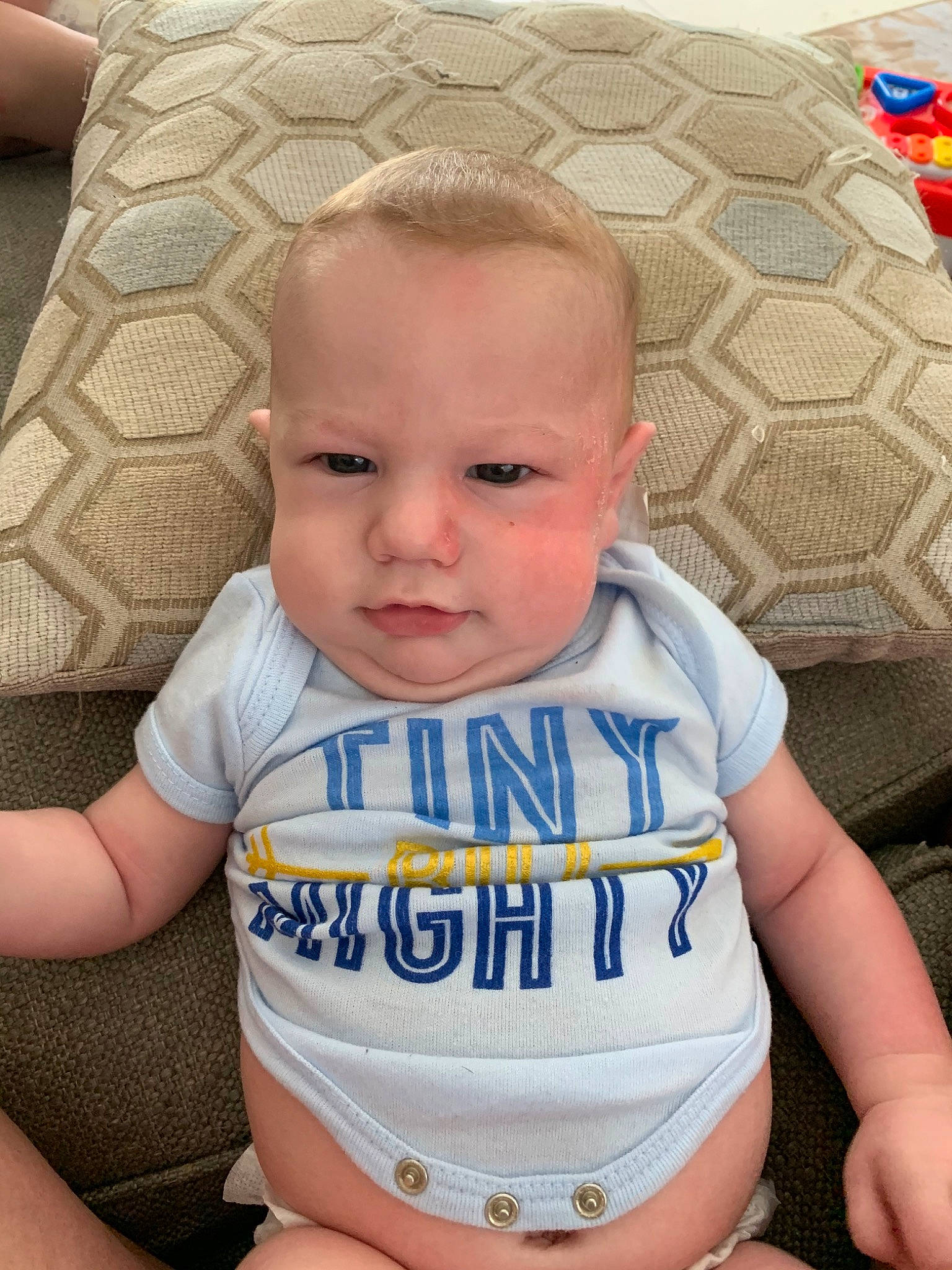 Nash is registered to the contest to win money with this photo: baby, baby_products, baby_toddler_clothing, cheek, child, person, product, smile, toddler