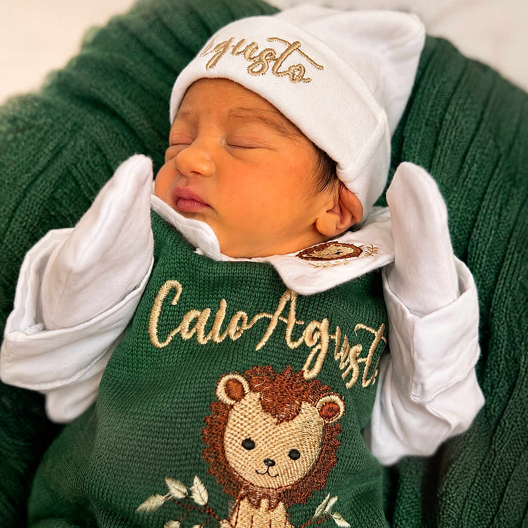Caio Augusto joined the competition — help win amazing prizes! newborn, baby, sleeping, green_outfit, knitted_blanket, lion_embroidery, white_mittens, white_hat, cozy, cute, infant, portrait, soft_lighting, indoors, child, peaceful, warm, snuggled, clothing, baby_fashion