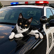 Rocky is registered to the contest to win money with this photo: animal, black_and_white, building, cat, cute, daytime, emergency_lights, hood, law_enforcement, outdoor, parked_car, pet, police_car, road, side_mirror, street, sunset_reflection, tree, vehicle, window