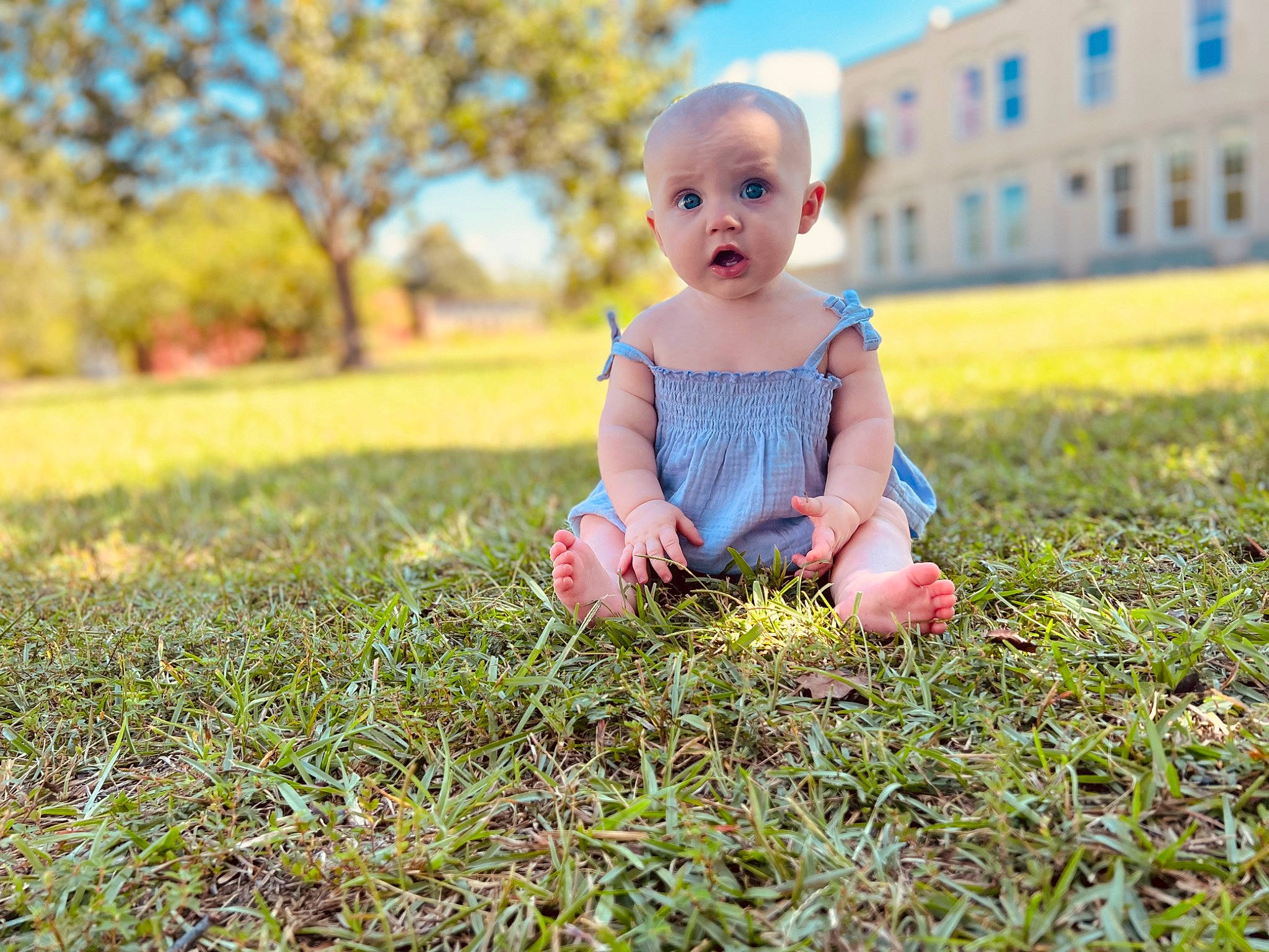 Wrenly is registered to the contest to win money with this photo: baby, baby_toddler_clothing, child, fun, grass, grass_family, grassland, happy, lawn, leaf, leisure, meadow, people_in_nature, person, plant, playing_with_kids, sky, sunlight, surprise, toddler